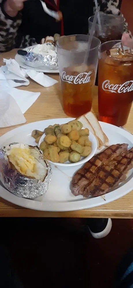 8oz Sirloin Steak and Fried Okra with Baked Potatoes
