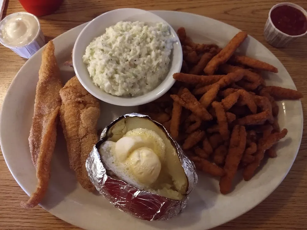 Combo Platter of Catfish in Double Clam Strips with Coleslaw and Baked Potato